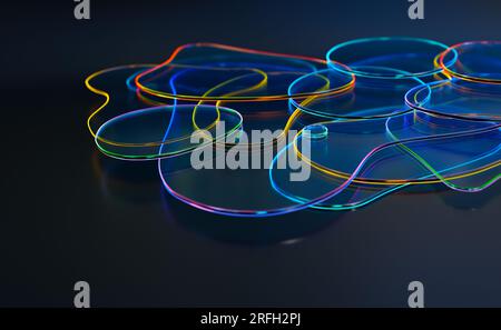 Fond d'écran abstrait 3d avec des formes incurvées en verre avec des bords holographiques au néon irisé irisé d'émetteur de lumière coloré Banque D'Images