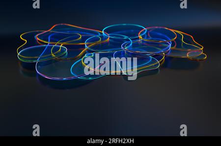 Fond d'écran abstrait 3d avec des formes incurvées en verre avec des bords holographiques au néon irisé irisé d'émetteur de lumière coloré Banque D'Images