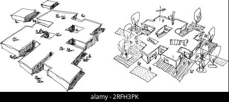 deux croquis dessinés à la main de l'architecture résidentielle abstraite moderne avec des gens, des arbres et des fenêtres Banque D'Images