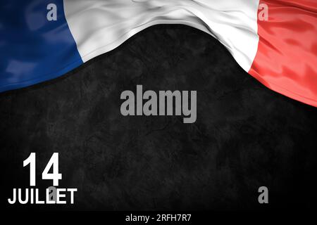 Quelques drapeaux français et le texte bon 14 juillet, joyeux 14 juillet, fête nationale de la France écrit en français, sur fond blanc cassé. Banque D'Images