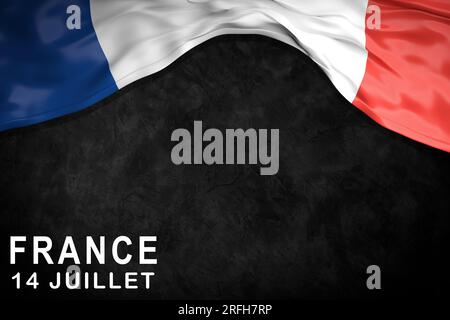 Quelques drapeaux français et le texte bon 14 juillet, joyeux 14 juillet, fête nationale de la France écrit en français, sur fond blanc cassé. Banque D'Images