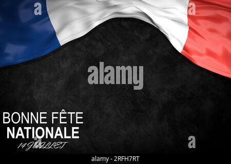 Quelques drapeaux français et le texte bon 14 juillet, joyeux 14 juillet, fête nationale de la France écrit en français, sur fond blanc cassé. Banque D'Images