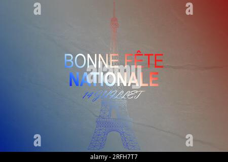 Quelques drapeaux français et le texte bon 14 juillet, joyeux 14 juillet, fête nationale de la France écrit en français, sur fond blanc cassé. Banque D'Images