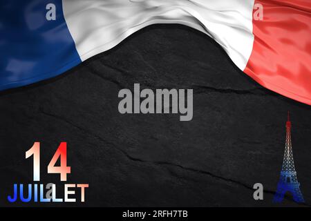 Quelques drapeaux français et le texte bon 14 juillet, joyeux 14 juillet, fête nationale de la France écrit en français, sur fond blanc cassé. Banque D'Images