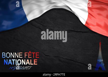 Quelques drapeaux français et le texte bon 14 juillet, joyeux 14 juillet, fête nationale de la France écrit en français, sur fond blanc cassé. Banque D'Images