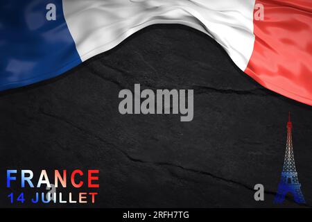 Quelques drapeaux français et le texte bon 14 juillet, joyeux 14 juillet, fête nationale de la France écrit en français, sur fond blanc cassé. Banque D'Images
