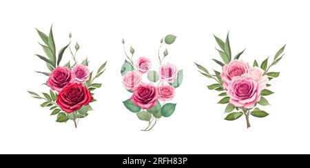 Roses de demi-teinte rouges et roses, éléments d'illustration dessinés à la main ensemble coloré Banque D'Images