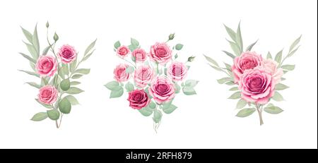 Roses de demi-teinte rouges et roses, éléments d'illustration dessinés à la main ensemble coloré Banque D'Images