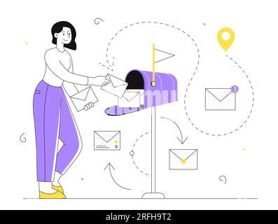 Femme avec ligne vectorielle de boîte aux lettres Illustration de Vecteur