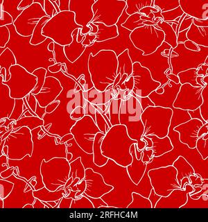 motif sans couture de grandes silhouettes blanches d'orchidées sur un fond rouge, texture, design Banque D'Images