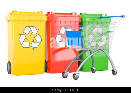 Poubelles de recyclage colorées avec panier, rendu 3D isolé sur fond blanc Banque D'Images