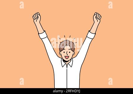 L'homme ravi célèbre la victoire en levant les mains et en se réjouissant des réalisations de carrière ou de la fin de la journée de travail. Homme d'affaires crie avec le sourire et est ravi des nouvelles étonnantes promettant la croissance des revenus Illustration de Vecteur
