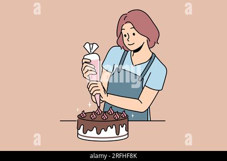 Femme confiseur prépare un délicieux gâteau pour la fête d'anniversaire et décore le dessert avec du chocolat et de la crème au beurre. Jeune fille utilise un sac à pâtisserie pour préparer un gâteau sucré pour la table de fête. Illustration de Vecteur