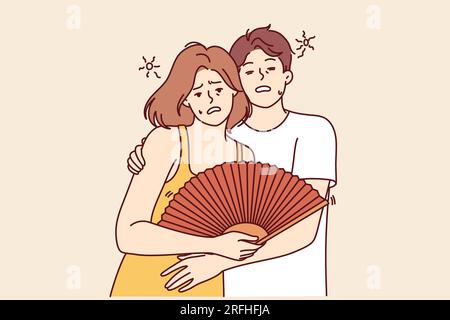 Le couple souffre d'un coup de soleil pendant la chaleur estivale et se sent épuisé en raison du changement climatique. Homme et femme avec ventilateur ont besoin de rafraîchissements et de chambre fraîche après coup de soleil causé par le réchauffement climatique. Illustration de Vecteur