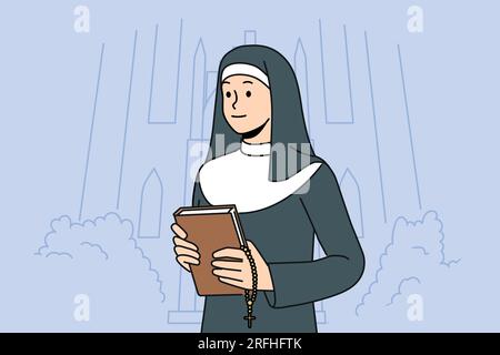 Femme nonne avec la bible se tient près de l'église appelant à visiter les sanctuaires chrétiens et à étudier l'évangile ou les prières religieuses. Religieuse catholique en soutane blanche et noire tient la croix pour les rituels orthodoxes traditionnels. Illustration de Vecteur