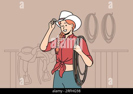 Femme jockey se tient dans l'écurie portant un chapeau de cow-boy et tenant une longue corde attendant que les chevaux apparaissent. Fille Rancher habillé dans le style cow-girl souriant quand vous encouragez pour le jockey aux courses Illustration de Vecteur