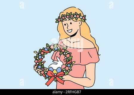 Femme avec la couronne de pâques sur la tête sourit et tient des oeufs colorés et lapin miniature. Fille habillée en robe rose avec des accessoires de pâques invitant à célébrer la fête chrétienne religieuse Illustration de Vecteur