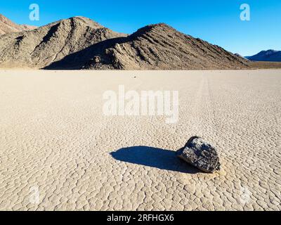 Un rocher en mouvement à l'hippodrome, une playa ou un lit de lac asséché, dans le parc national de Death Valley, Californie, États-Unis. Banque D'Images