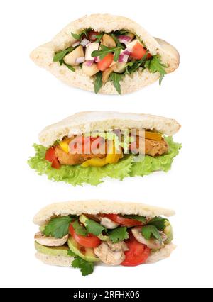 Collage avec savoureux sandwichs pita isolés sur blanc Banque D'Images