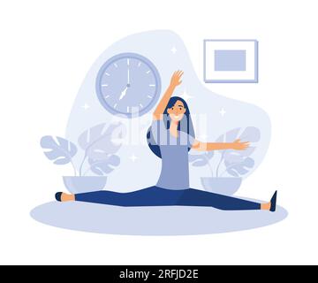 Femme souriante faisant l'exercice d'étirement sur le tapis, personne flexible active appréciant le sport, illustration moderne vectorielle plate Illustration de Vecteur