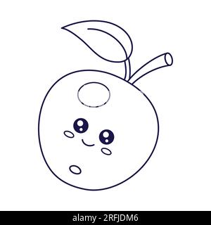 Mignon personnage Kawaii Apple. Illustration d'art de ligne dessiné à la main vecteur enfants. Personnage Apple dans le style doodle. Livre de coloriage pour enfants Illustration de Vecteur