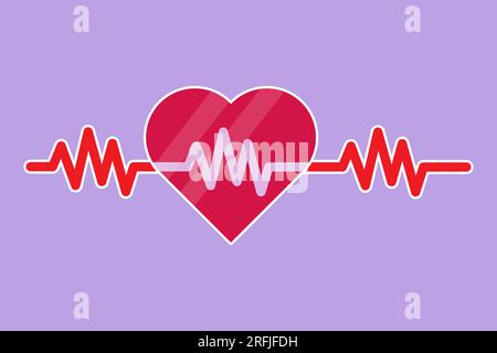 Pouls de coeur de dessin plat de caractère avec logo de forme d'amour, étiquette, symbole. Rythme cardiaque solitaire, cardiogramme. Belle santé, icône médicale isolée sur blu Banque D'Images