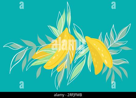 Illustration vectorielle à plat d'un bouquet de bananes et de feuillages sur un fond turquoise. Carte avec des fruits tropicaux juteux avec des feuilles pour cartes postales, menus Illustration de Vecteur