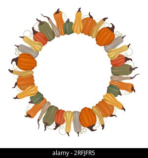 Vecteur cadre rond de dessin animé vert, gris, orange et jaune citrouilles et espace de copie. Modèle de Thanksgiving avec des légumes et place pour le texte. Ferme Illustration de Vecteur