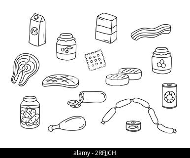 Épicerie, conserves, semi-fini, prêt à l'emploi et produits de viande vecteur doodles Set. Éléments alimentaires isolés noir sur fond blanc. Dessiné à la main Illustration de Vecteur