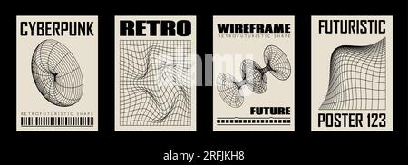 Posters géométriques abstraits rétro futuristes y2k, art mural, impressions de t-shirts, bannières. Formes 3D filaires Illustration de Vecteur
