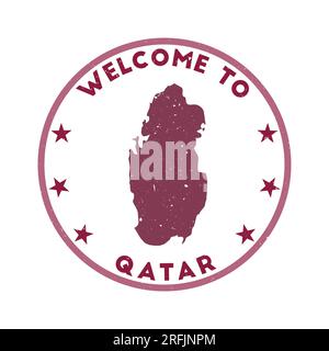 Bienvenue au timbre Qatar. Timbre rond de pays grunge avec texture dans le thème de couleur rouge betterave. Sceau Qatar géométrique de style vintage. Illustration vectorielle étonnante Illustration de Vecteur