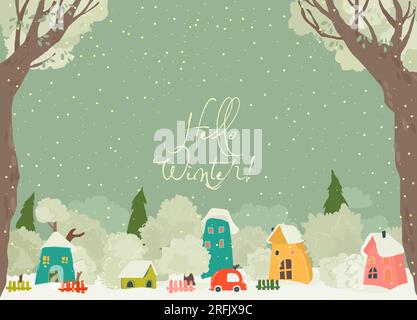 Mignon Cartoon maisons colorées avec des arbres d'hiver Illustration de Vecteur
