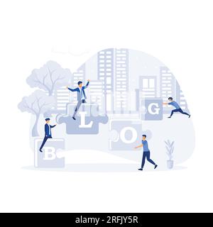 Blog Creative Content production Workflow Process Poster. Des hommes souriants amicaux heureux faisant la composition de mots. illustration moderne vectorielle plate Illustration de Vecteur