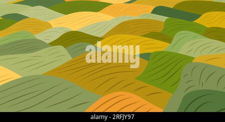 Vue en perspective d'oiseau d'une zone vallonnée avec des champs de ferme. Image stylisée de pâturages fertiles et de terres agricoles. Agriculture naturelle. Espaces de pays. Illustration de Vecteur