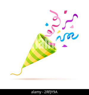 Fête Popper confettis clapper craquelin éclaté à plat. Dessin animé vert vacances surprise explosion papier confettis ruban feux d'artifice allume-feu icône colorée carte d'anniversaire surprise événement voeux isolé Illustration de Vecteur