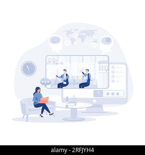 Travailleur utilisant l'ordinateur pour réunion virtuelle collective et vidéoconférence de groupe. Femme au bureau de chat avec des amis en ligne, vecteur plat moderne ill Illustration de Vecteur