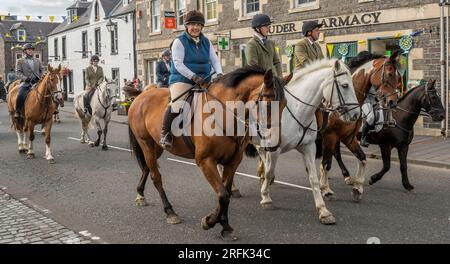 Lauder, Royaume-Uni. 03 août 2023. 3rd août 2023 Lauder Common Riding 2023 Riders se réunissent à Lauder avant de partir pour le Preliminary Ride Out, qui est une course à travers l'événement principal le samedi 5 août lorsque le Cornet mène la cavalcade autour du Burgh de Lauder. Crédit photo : phil wilkinson/Alamy Live News Banque D'Images