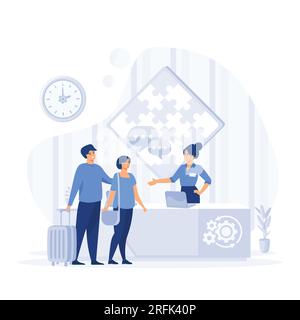 Concept de réceptionniste, client masculin debout à la réception et parlant à la réceptionniste féminine. illustration moderne vectorielle plate Illustration de Vecteur