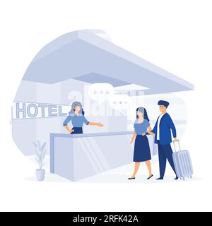 Travail de réceptionniste. Responsable conseil clients à la réception. Touristes s'enregistrant à l'hôtel, illustration moderne vectorielle plate Illustration de Vecteur