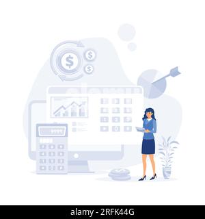 Logiciel de comptabilité avec feuille, formule, calculatrices. rapport comptable de l'entreprise par des comptables. illustration moderne vectorielle plate Illustration de Vecteur