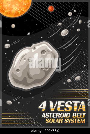 Poster vectoriel pour astéroïde Vesta, flyer astronomique vertical avec astéroïde de tir dans l'espace profond, impression cosmo futuriste avec les mots 4 vesta, asteroi Illustration de Vecteur