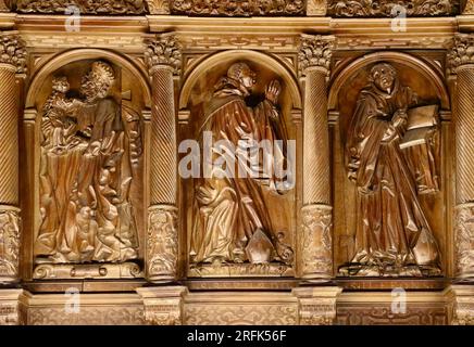 Panneau de stalle de chœur en bois sculpté par le sculpteur galicien Mateo de Prado Monastère San Martiño Pinario Santiago de Compostela Galice Espagne Banque D'Images