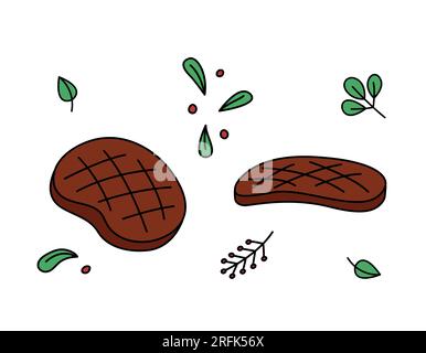 Ensemble de grillades vectorielles de steaks de bœuf. Morceaux de viande cuits isolés sur fond blanc. Illustration de contour dessiné à la main de steaks barbecue grillés et naturels Illustration de Vecteur