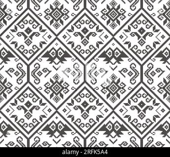 Filipino folk art - motif sans couture vectoriel inspiré de tissu Yakan, motif rétro textile ou tissu imprimé des Philippines en noir et blanc Illustration de Vecteur