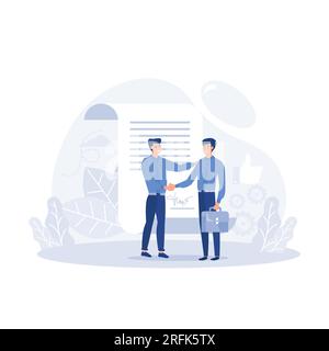 Concept d'entreprise, personnes debout sur un contrat signé, illustration moderne vectorielle plate Illustration de Vecteur