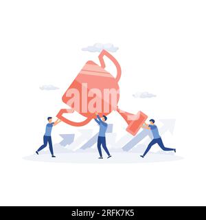 Concept d'équipe de succès, les petites personnes célèbrent la réussite en tenant un grand gobelet, illustration moderne vectorielle plate Illustration de Vecteur