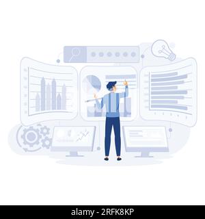 Business Intelligence, homme d'affaires travaillant avec des outils de performance et des solutions logicielles, illustration moderne vectorielle plate Illustration de Vecteur