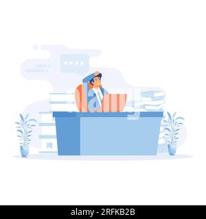 Concept de date limite, gestionnaire assis au bureau de l'ordinateur avec pile de documents, illustration moderne vectorielle plate Illustration de Vecteur