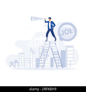 À la recherche d'un nouvel emploi, l'homme d'affaires grimpe une échelle sur la barre de recherche d'emploi avec binoculaire pour voir l'opportunité, illustration moderne vectorielle plate Illustration de Vecteur