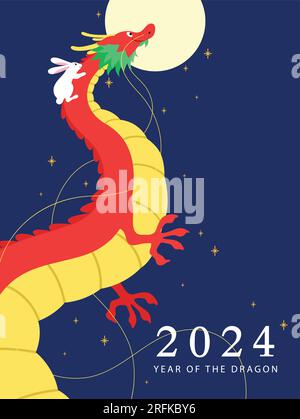 Illustration de dessin animé de dragon de nouvel an chinois avec lapin. Bonne carte de voeux lunaire de vecteur nouvel an 2024. Illustration de Vecteur